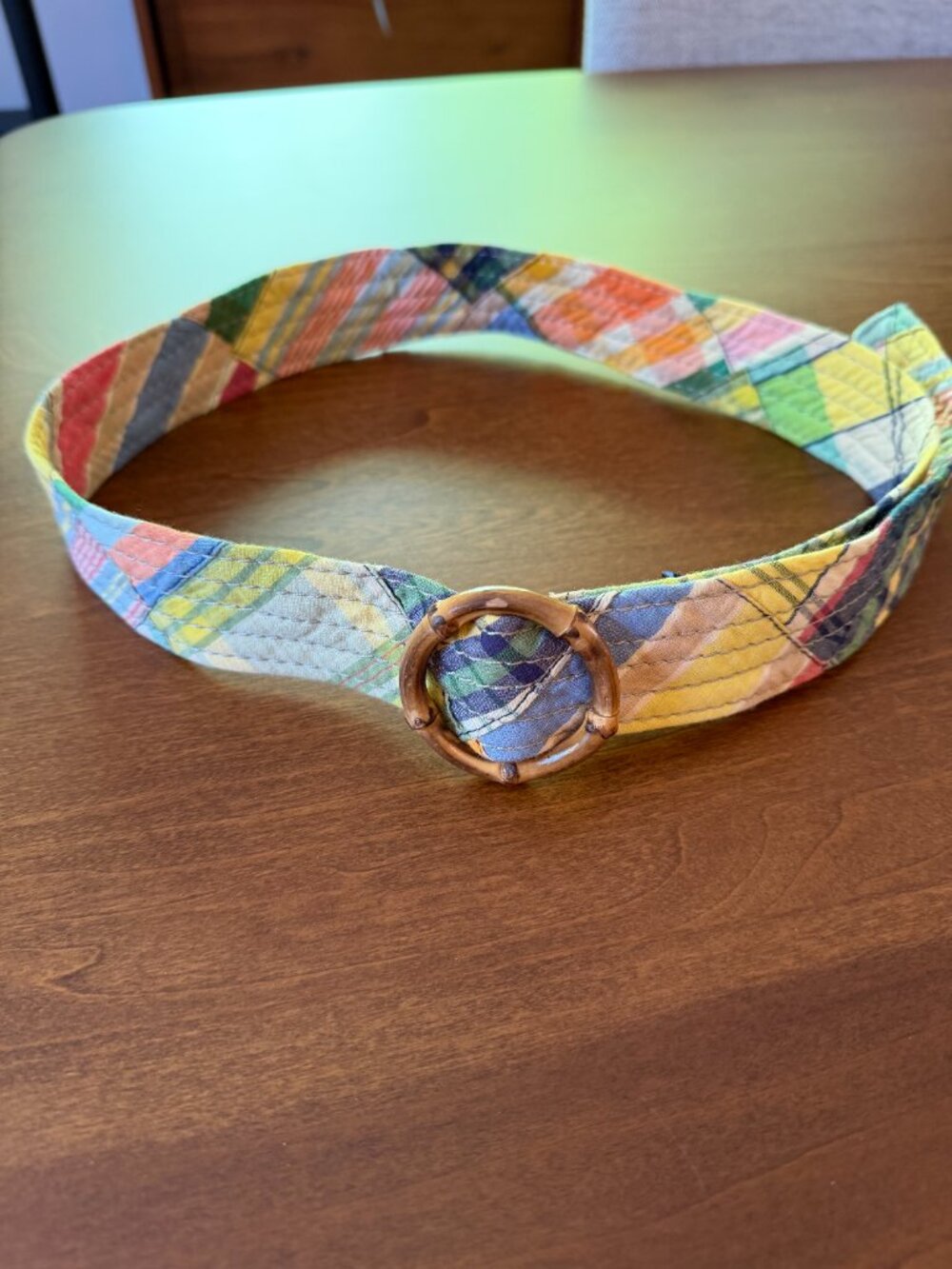 J. CREW Madras Plaid Patchwork Cotton Belt Bamboo Buckle, Multi Color | SM/MED - Picture 2 of 7